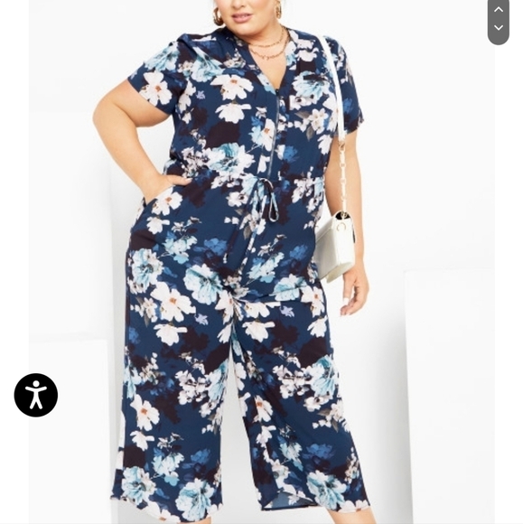 Plus Size Alycia Navy Floral Front Zip Crop Leg Jumpsuit - Picture 1 of 12